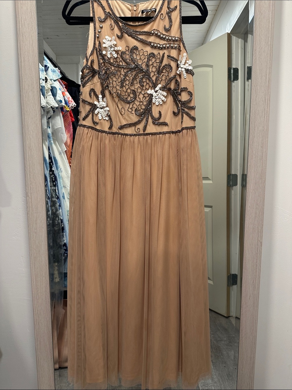 Gianni Bini Nude Beaded Tulle Maxi Dress with White Floral Appliqué